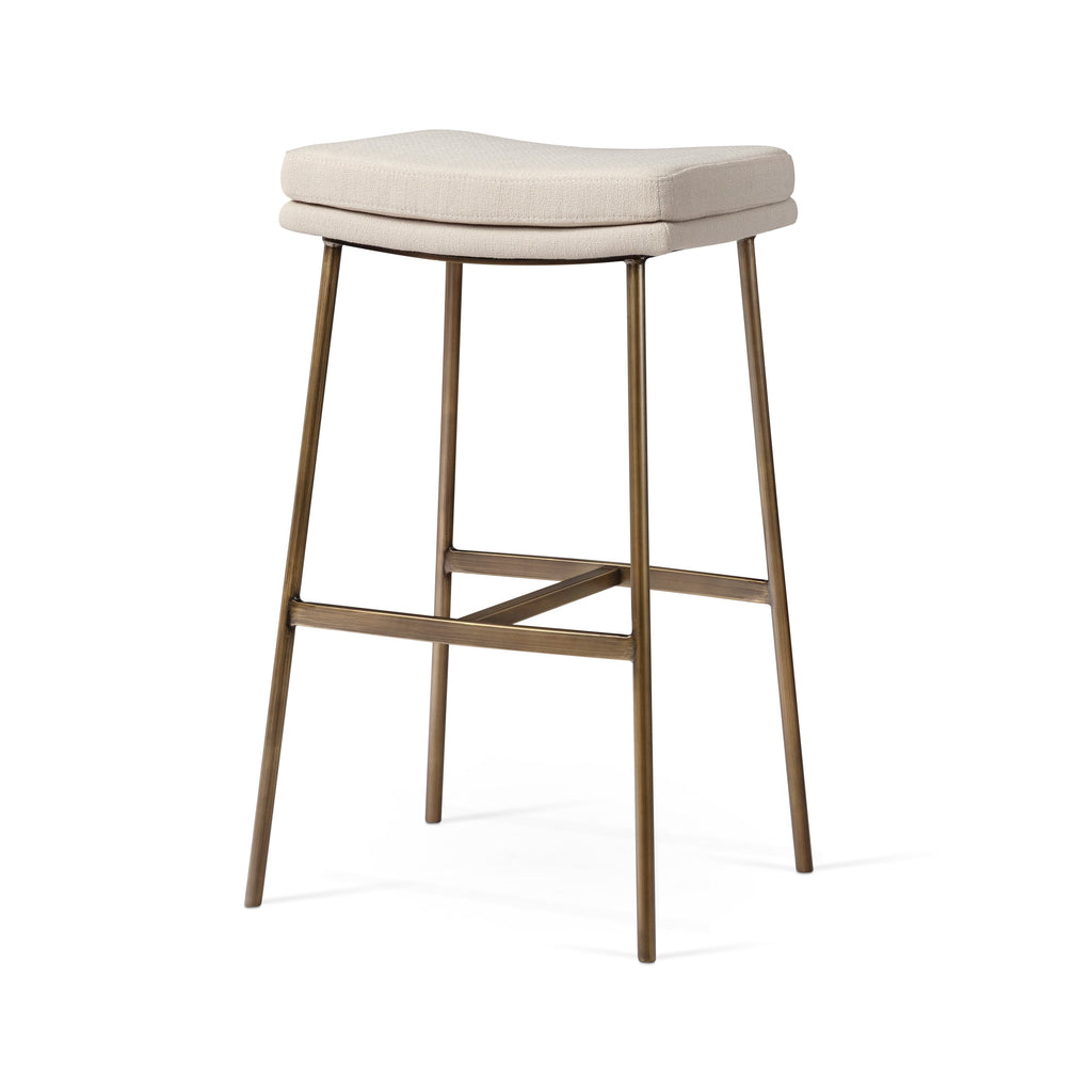 Berkley Bar Height Saddle Stool – Beige Fabric & Aged Gold