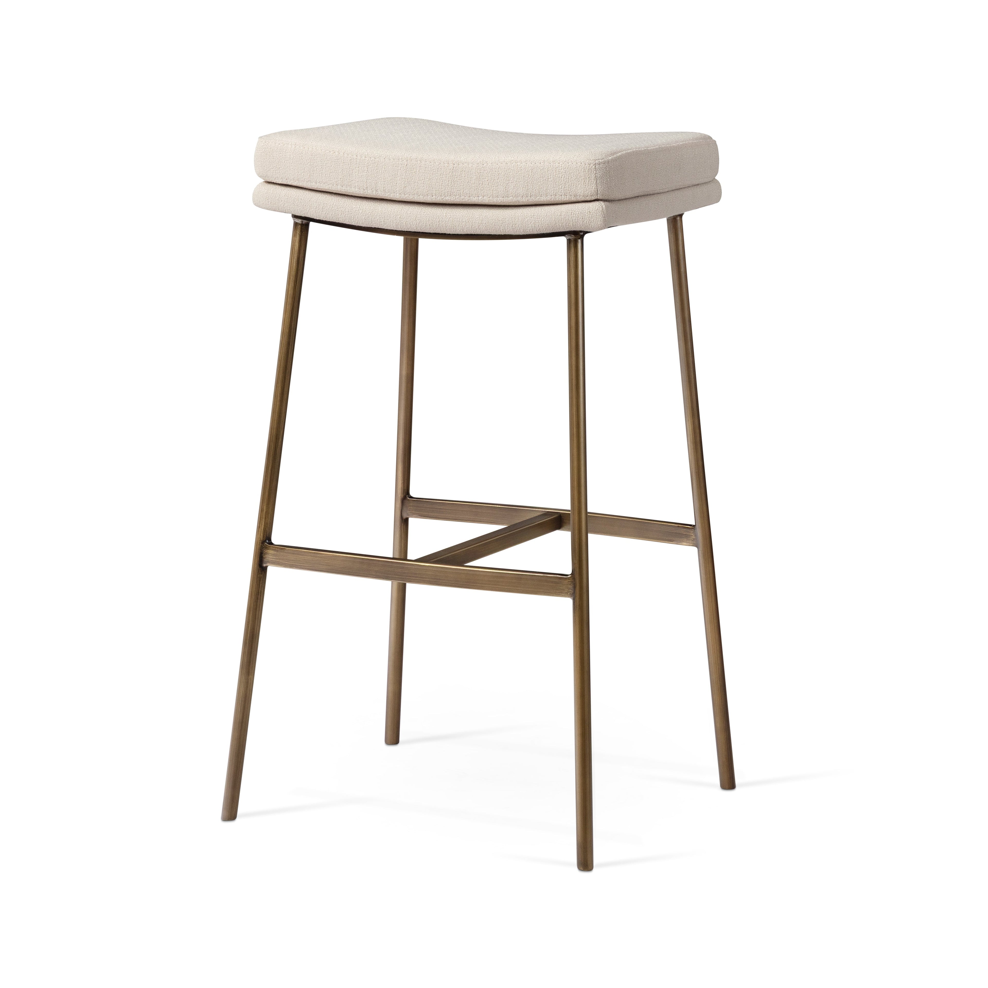 Berkley Bar Height Saddle Stool – Beige Fabric & Aged Gold