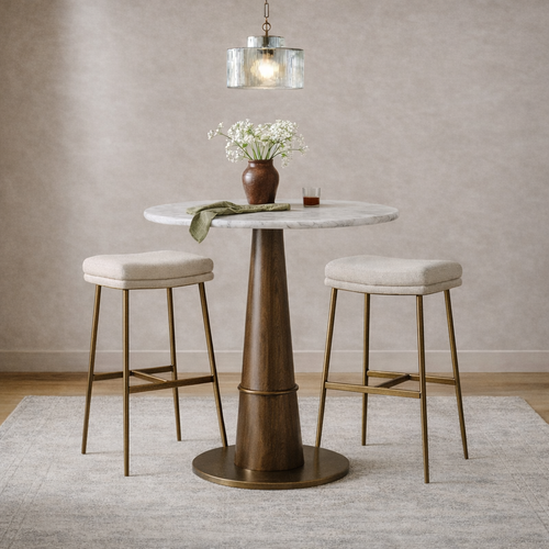 Berkley Bar Height Saddle Stool – Beige Fabric & Aged Gold