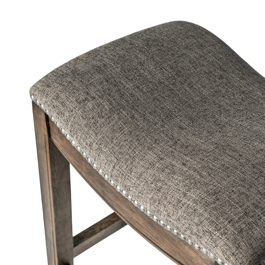 Adrien Saddle Counter Stool in Brown Finish with Grey Fabric