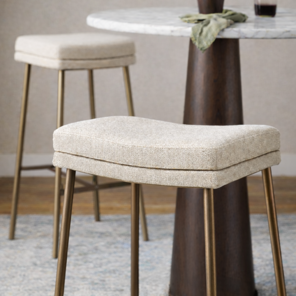 Berkley Bar Height Saddle Stool – Beige Fabric & Aged Gold