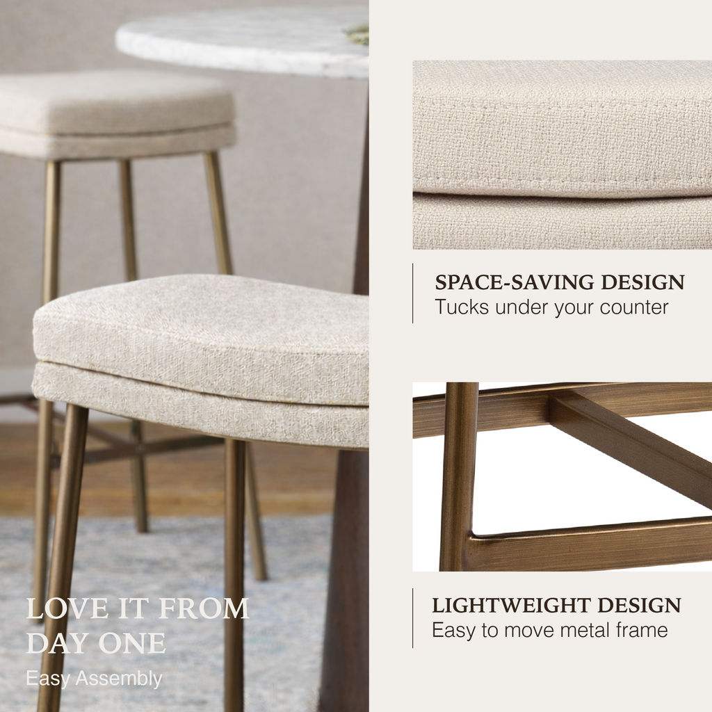 Berkley Bar Height Saddle Stool – Beige Fabric & Aged Gold