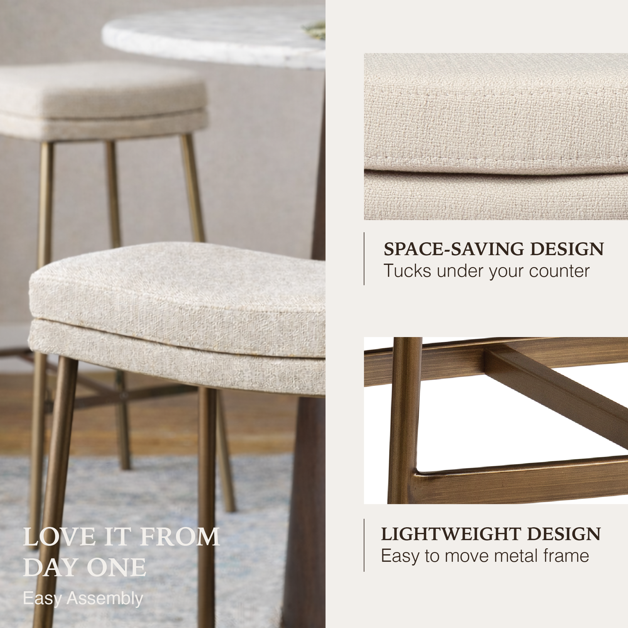 Berkley Bar Height Saddle Stool – Beige Fabric & Aged Gold