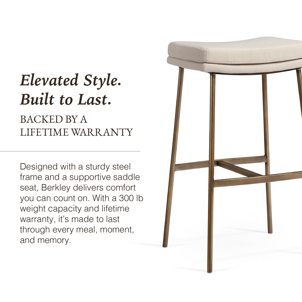 Berkley Bar Height Saddle Stool – Beige Fabric & Aged Gold