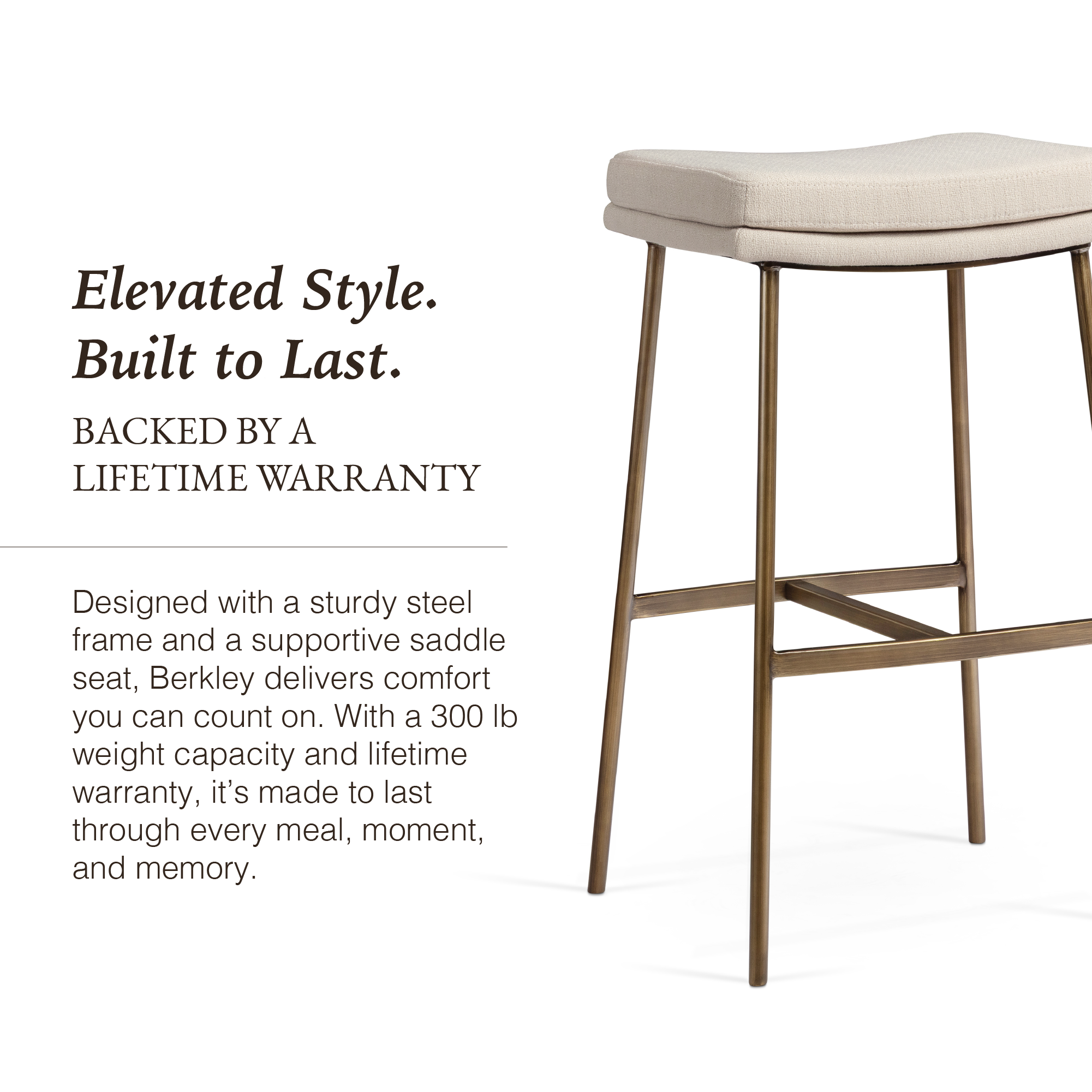Berkley Bar Height Saddle Stool – Beige Fabric & Aged Gold