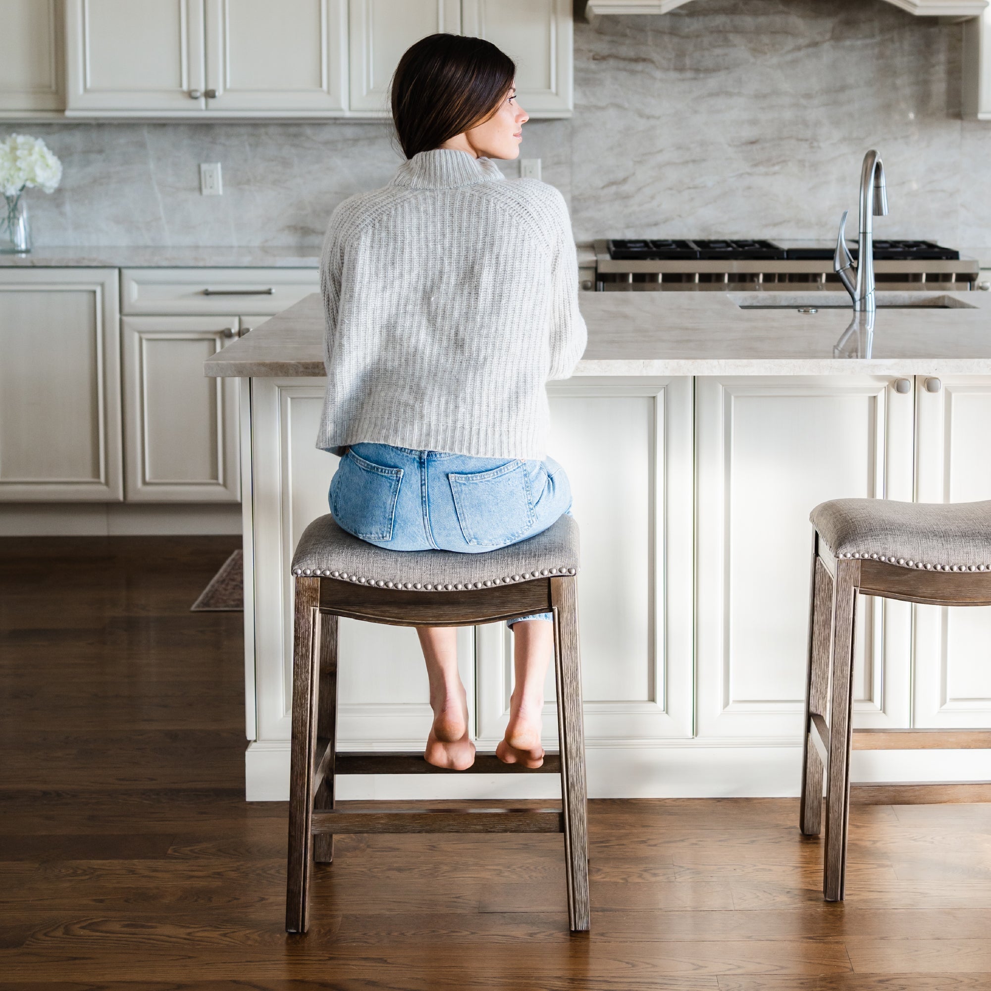 Adrien Saddle Counter Stool in Brown Finish with Grey Fabric