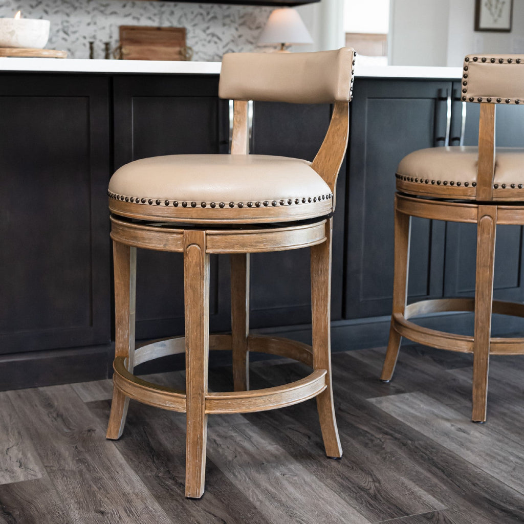 Alexander Counter Stool in Light Brown Finish with Beige Faux Leather Upholstery