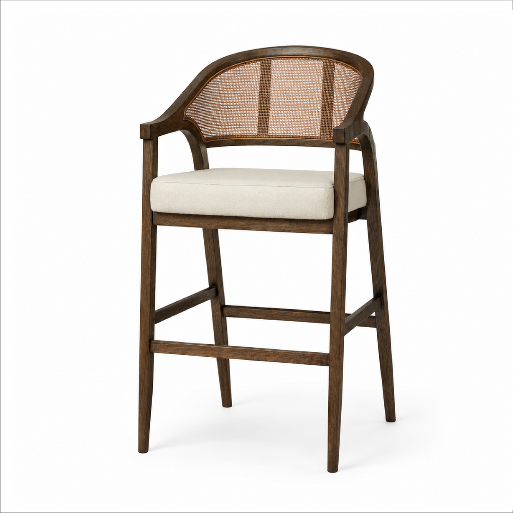Chloe Bar Stool in Brown Finish with Beige Fabric Upholstery and Honey Rattan Back