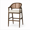 Chloe Bar Stool in Brown Finish with Beige Fabric Upholstery and Honey Rattan Back