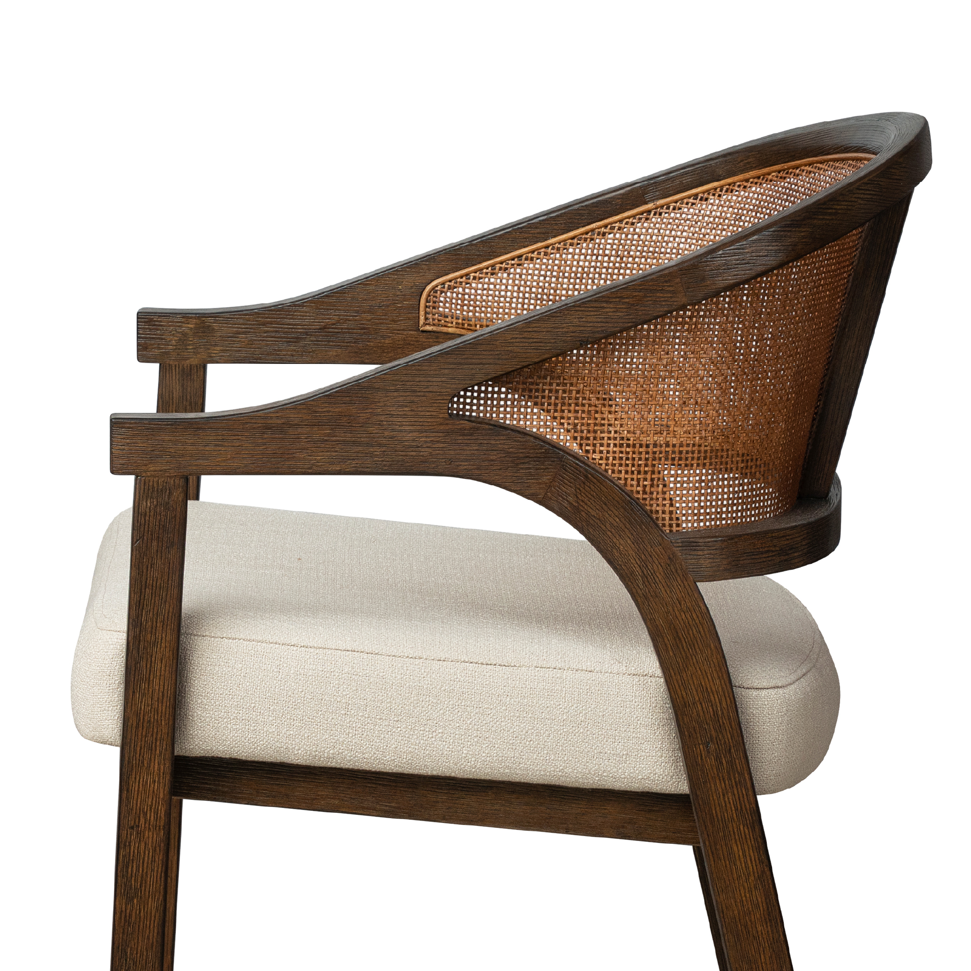 Chloe Bar Stool in Brown Finish with Beige Fabric Upholstery and Honey Rattan Back