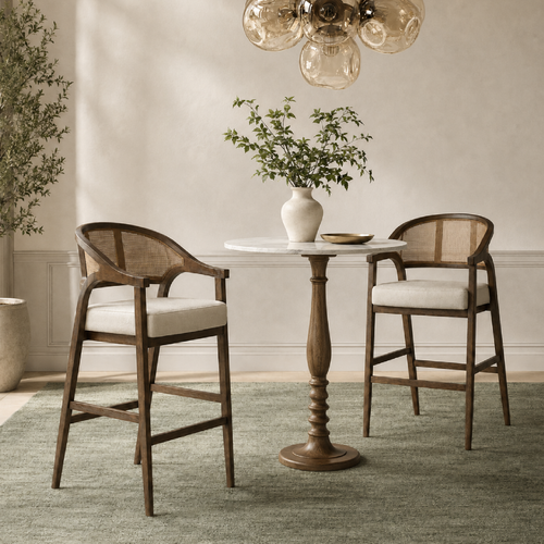 Chloe Bar Stool in Brown Finish with Beige Fabric Upholstery and Honey Rattan Back