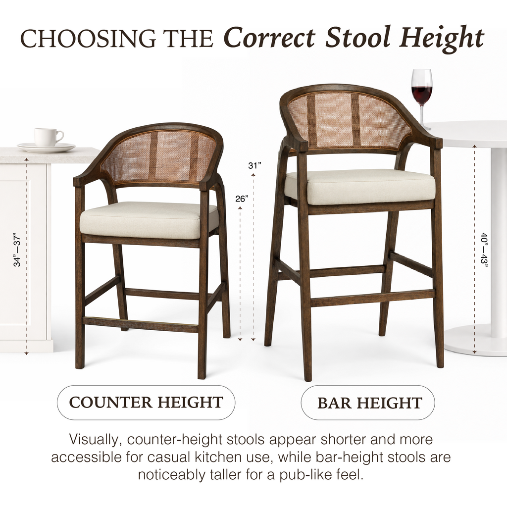 Chloe Bar Stool in Brown Finish with Beige Fabric Upholstery and Honey Rattan Back