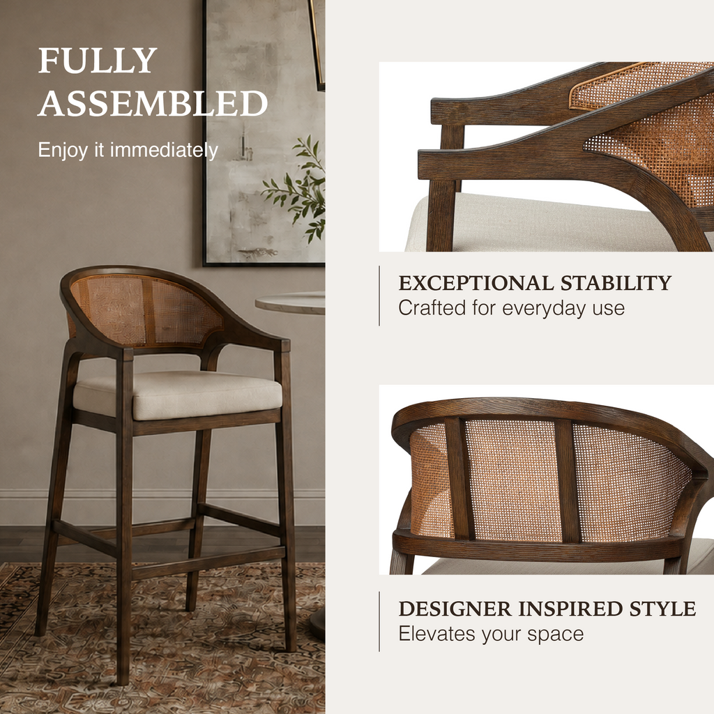 Chloe Bar Stool in Brown Finish with Beige Fabric Upholstery and Honey Rattan Back