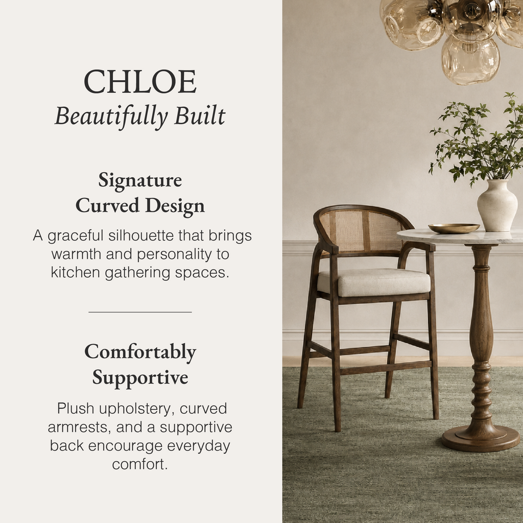Chloe Bar Stool in Brown Finish with Beige Fabric Upholstery and Honey Rattan Back