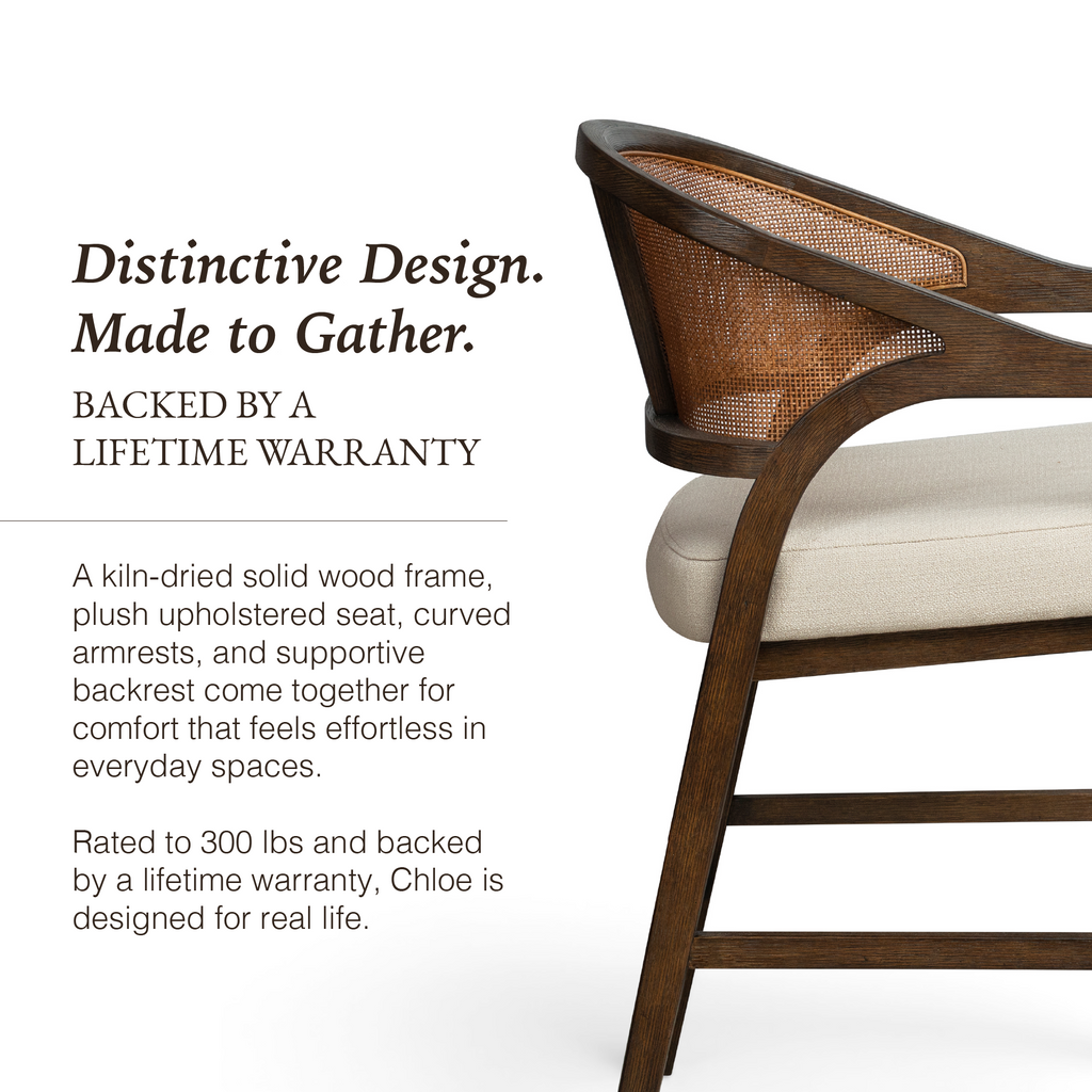 Chloe Bar Stool in Brown Finish with Beige Fabric Upholstery and Honey Rattan Back