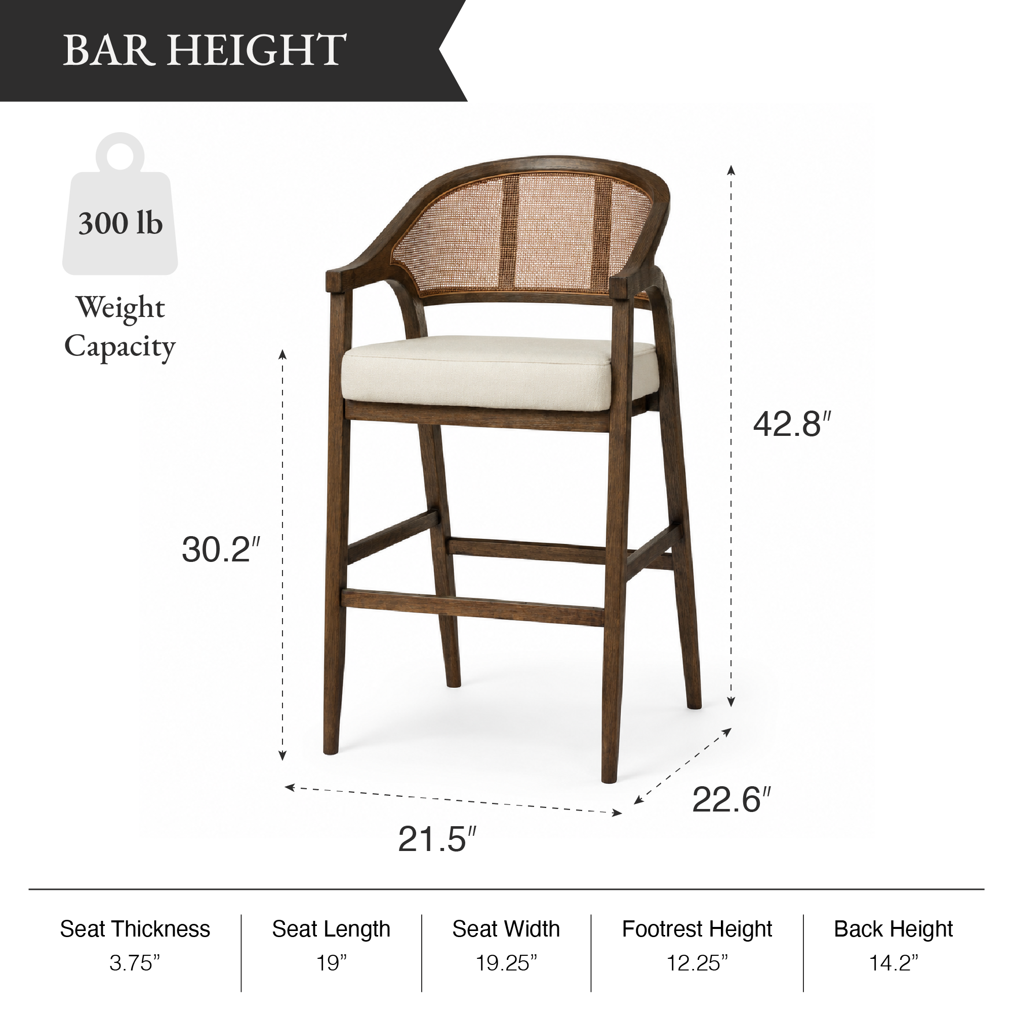 Chloe Bar Stool in Brown Finish with Beige Fabric Upholstery and Honey Rattan Back