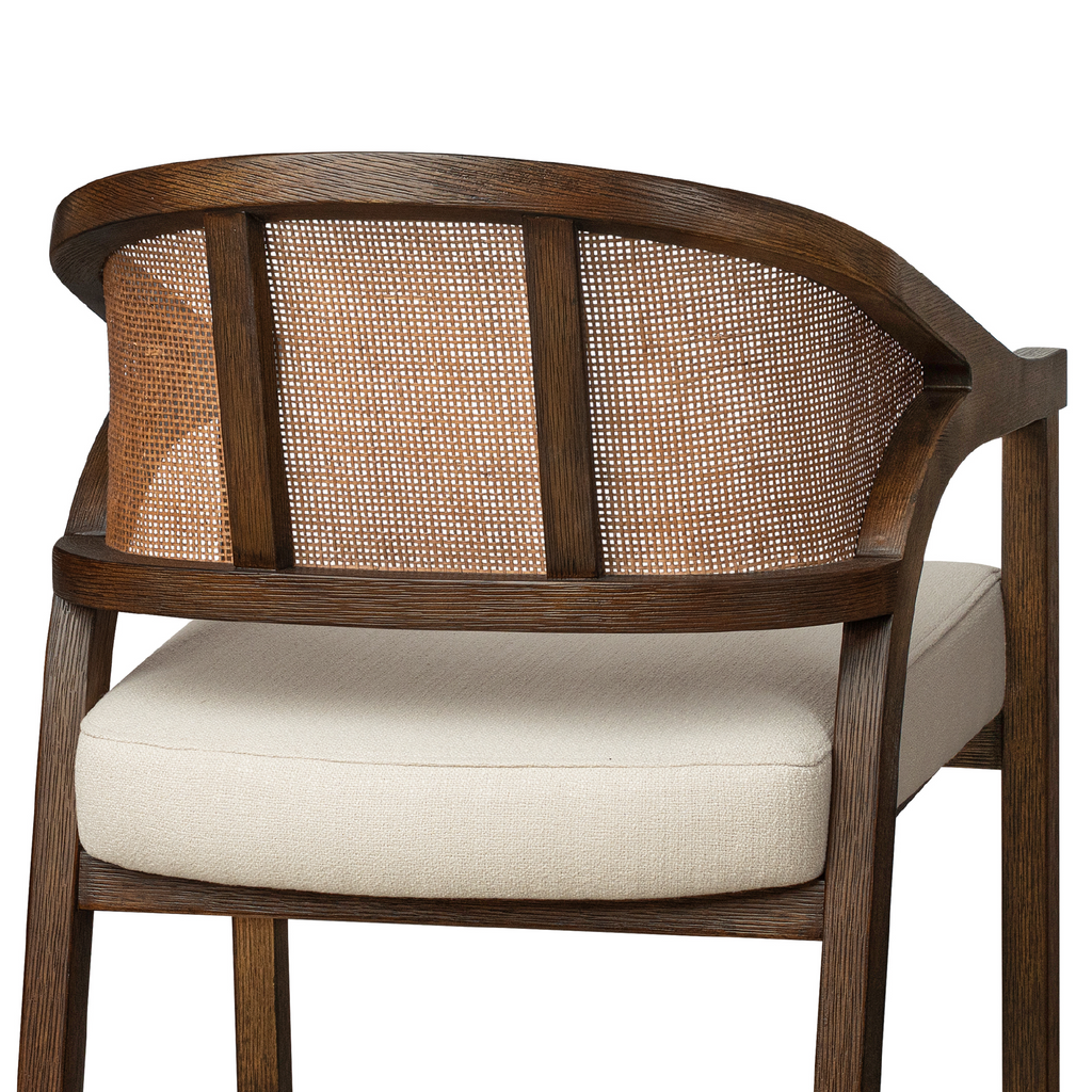 Chloe Bar Stool in Brown Finish with Beige Fabric Upholstery and Honey Rattan Back