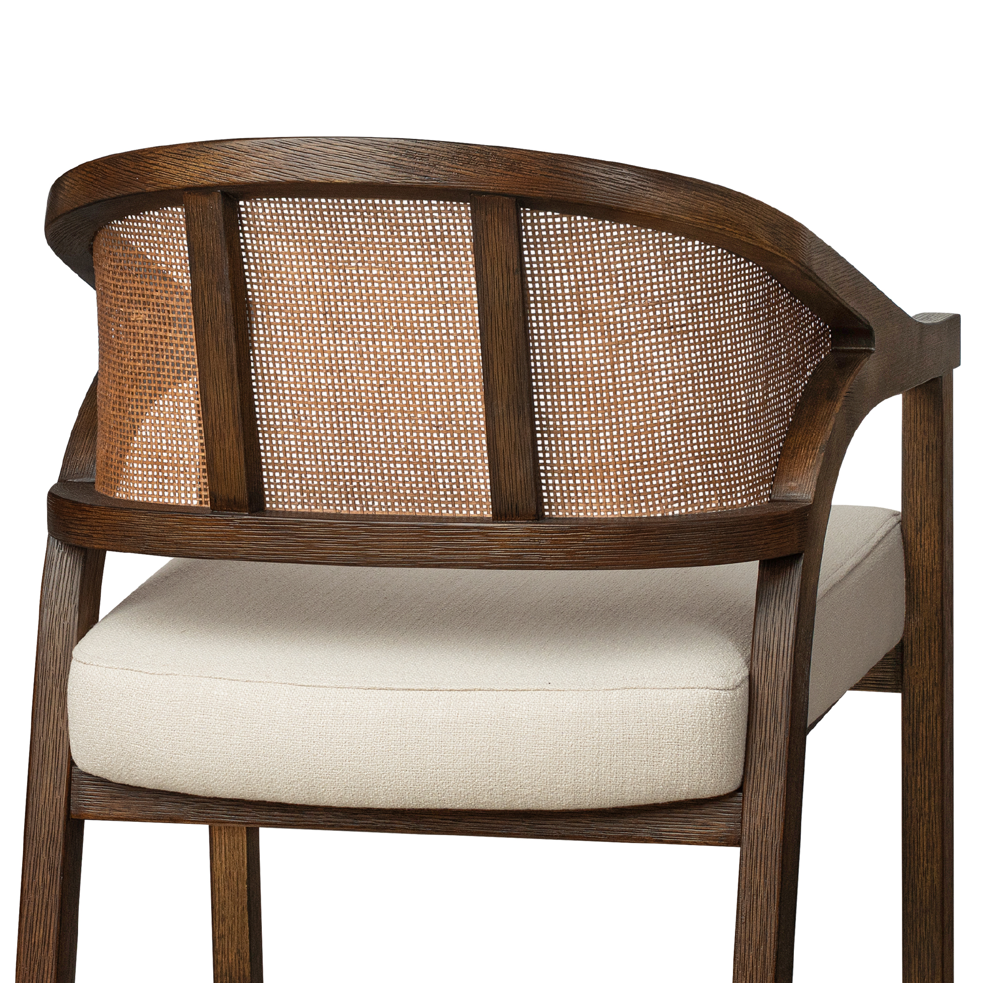 Chloe Bar Stool in Brown Finish with Beige Fabric Upholstery and Honey Rattan Back