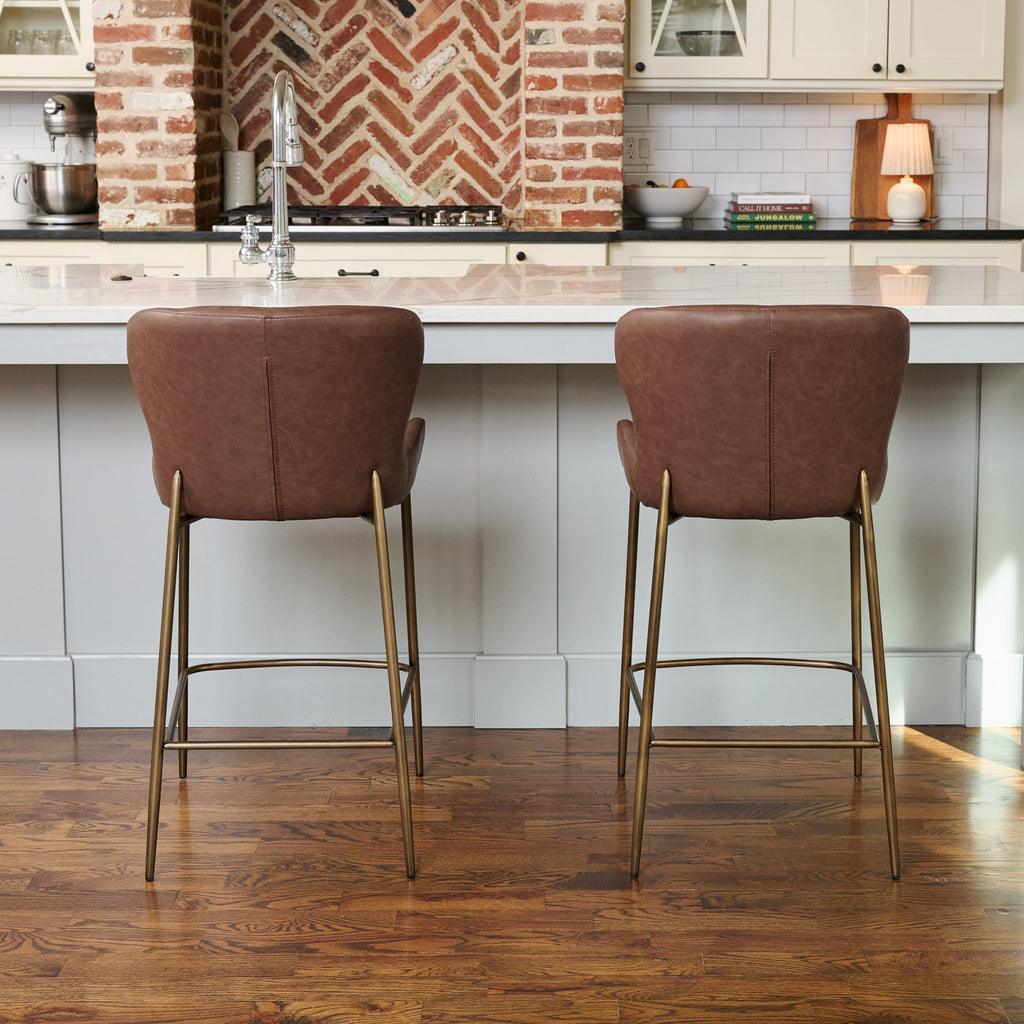 Naomi Counter Stool in Aged Gold Finish with Brown Faux Leather