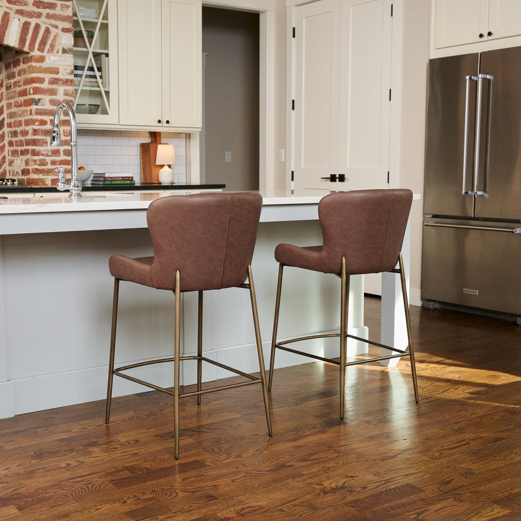 Naomi Counter Stool in Aged Gold Finish with Brown Faux Leather