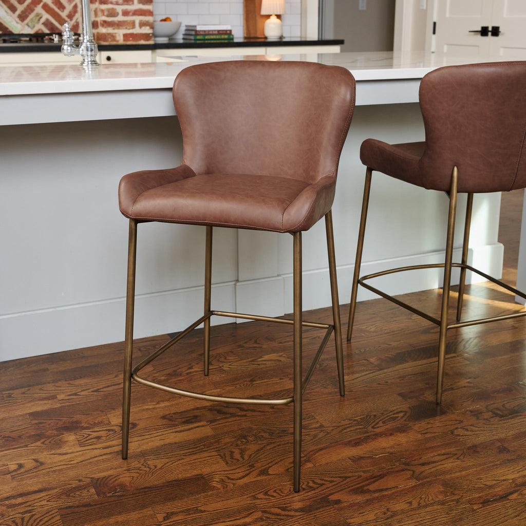 Naomi Counter Stool in Aged Gold Finish with Brown Faux Leather