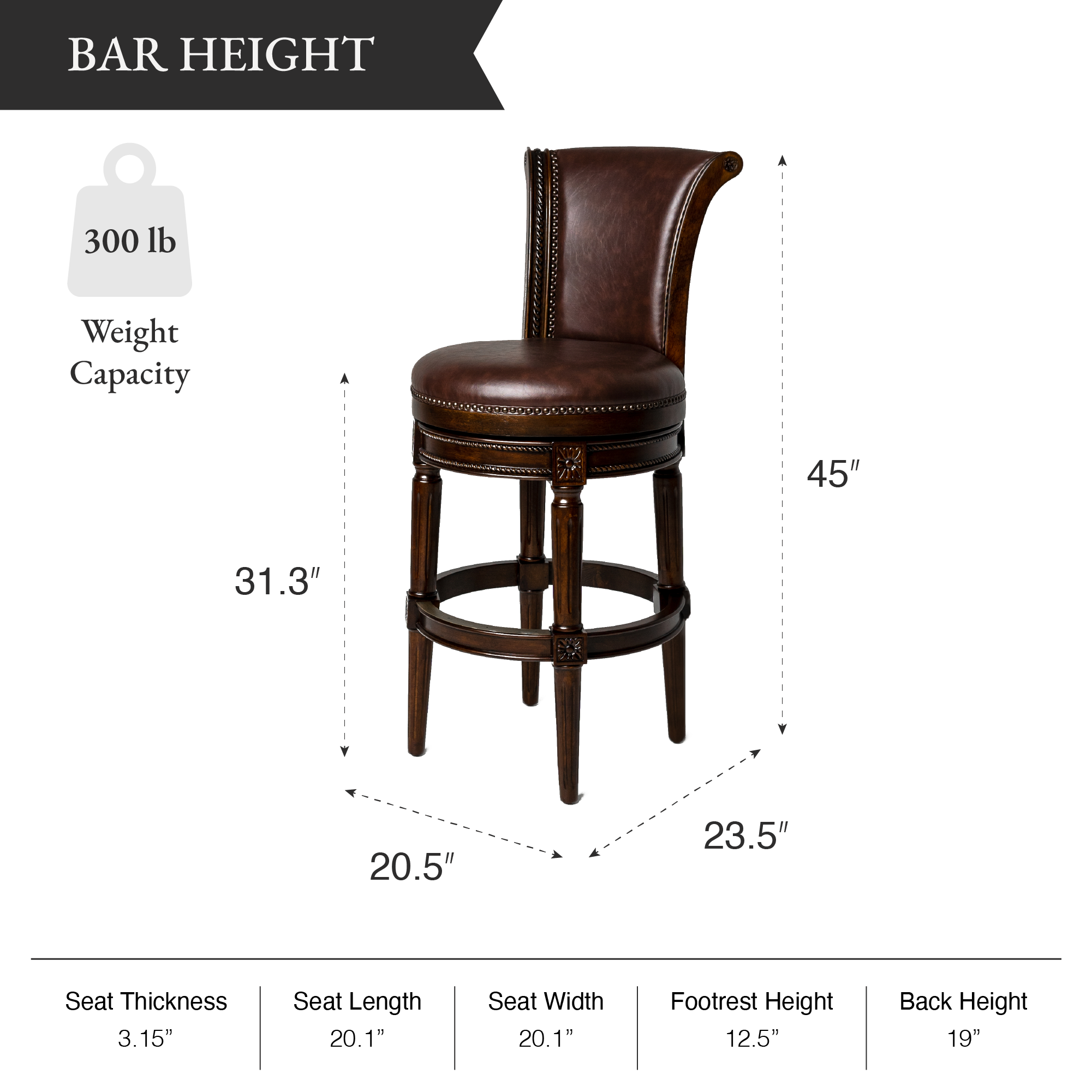Pullman Bar Stool in Dark Brown Finish with Brown Faux Leather