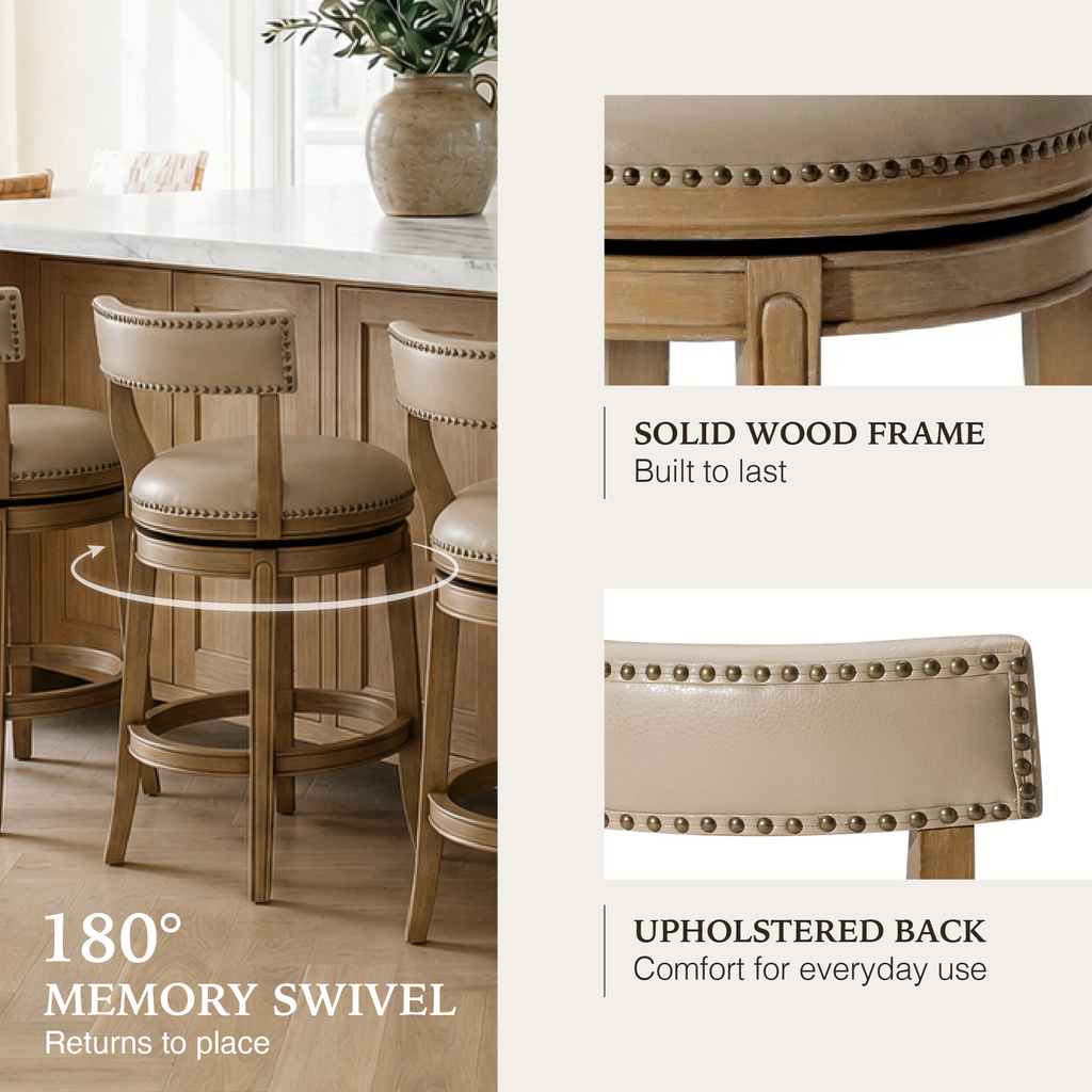 Alexander Counter Stool in Light Brown Finish with Beige Faux Leather Upholstery