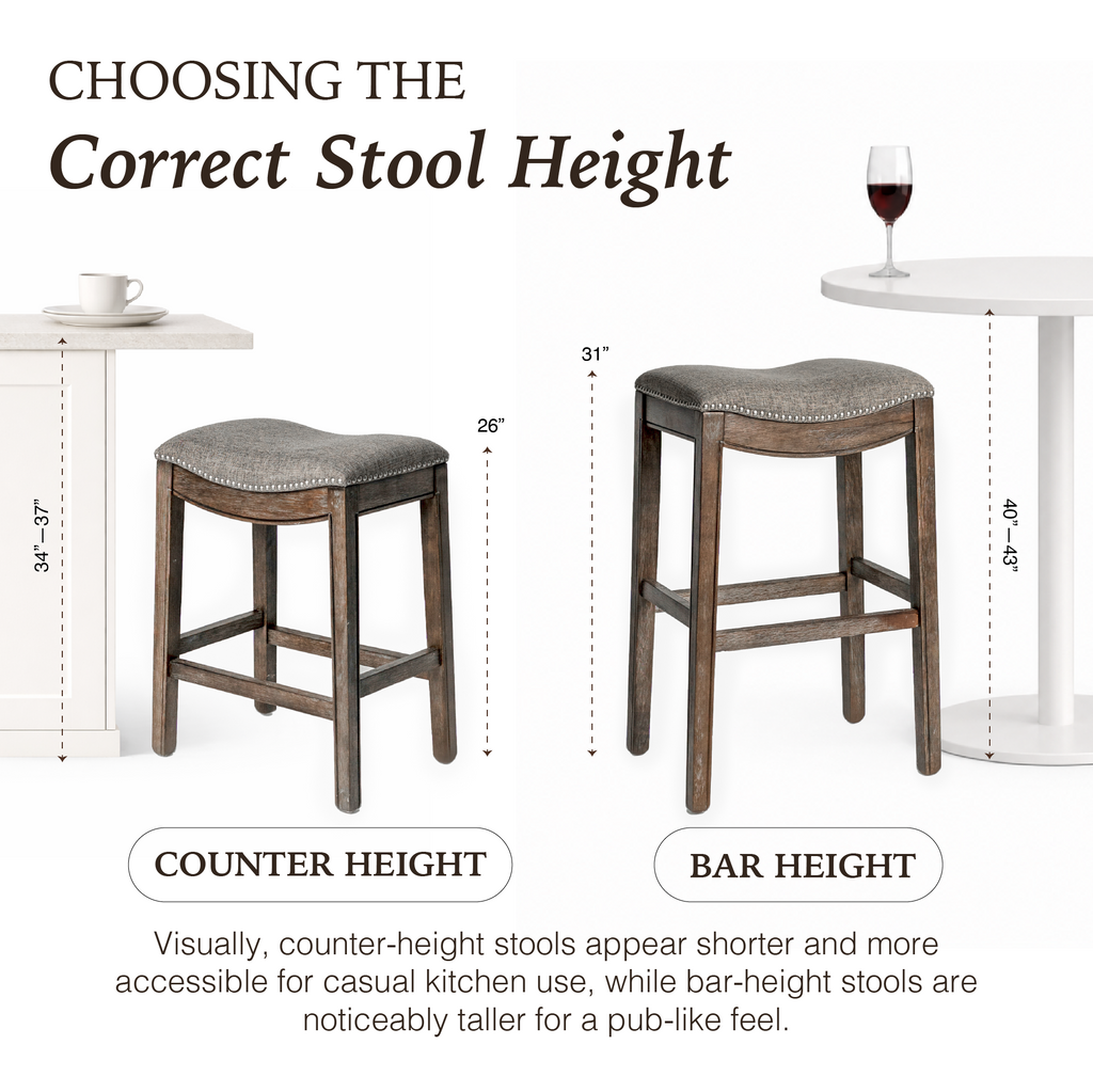 Adrien Saddle Counter Stool in Brown Finish with Grey Fabric