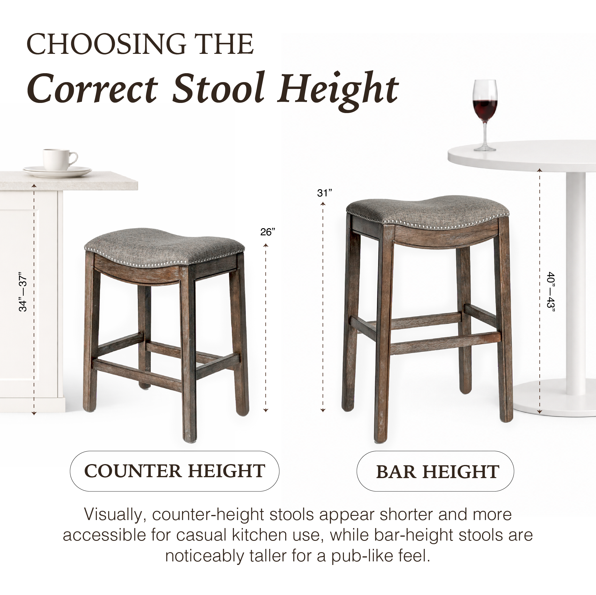 Adrien Saddle Counter Stool in Brown Finish with Grey Fabric